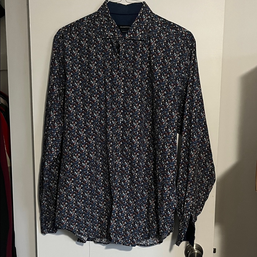 Bugatchi Men's Casual Button Down Shirt - Blue and Red Pattern